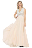 Scoop Open Back Prom Dresses A Line Chiffon With Beads&Appliques