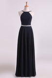 Prom Dresses Spaghetti Straps Beaded Waistline Chiffon Open Back