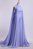 High Neck Pleated Bodice Prom Dresses A-Line Chiffon Sweep Train