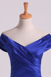 Prom Dresses Off The Shoulder Satin Mermaid Dark Royal Blue Sweep Train