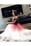 A Line Spaghetti Straps Ombre Long Tulle Prom Dresses, Burgundy V Neck Evening Dress SJS15029