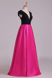 Evening Dress Open Back V-Neck Short Sleeve A-Line Satin Black Bodice Floor-Length