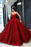 Sparkly Ball Gown Burgundy Strapless Sweetheart Prom Dresses, Long Quinceanera Dresses SJS15428