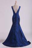 V Neck Mermaid Prom Dresses Taffeta With Beads And Applique Sweep Train