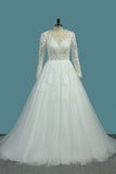 Long Sleeves Scoop Tulle A Line Wedding Dresses With Applique Court Train