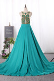 Prom Dresses Stretch Satin A Line Scoop Beaded Bodice