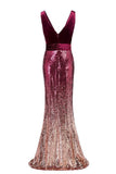 Sexy Sequins Mermaid V Neck Burgundy Velvet Long Prom Dresses Backless Evening Dress SJS15352