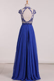 Chiffon Scoop A Line Cap Sleeves With Beading Prom Dresses