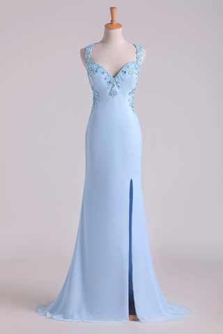 Hot Halter Sheath Prom Dresses With Slit And Beading Chiffon Sweep Train