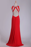 Sexy Open Back Prom Dresses Scoop Spandex With Beads And Slit Sheath