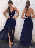 Simple Deep V Neck Chiffon With Split Side Prom Dresses