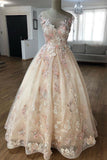 Long Charming A Line Round Neck Floral Appliques Prom Dresses