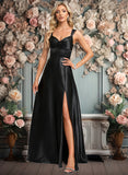 Jacey A-line V-Neck Floor-Length Stretch Satin Prom Dresses With Bow JLP0025882