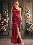 Abbey A-line One Shoulder Floor-Length Stretch Satin Bridesmaid Dress With Bow JLP0025758