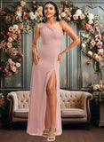 Alexa A-line One Shoulder Floor-Length Chiffon Bridesmaid Dress With Bow JLP0025748