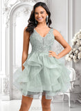 Gwendolyn Ball-Gown/Princess V-Neck Short Tulle Lace Homecoming Dress JLP0025671