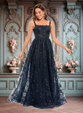 Courtney A-line Square Floor-Length Organza Lace Floral Prom Dresses With Sequins JLP0025844