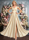 Claire A-line V-Neck Floor-Length Satin Prom Dresses JLP0025877