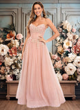 Samantha Ball-Gown/Princess V-Neck Floor-Length Tulle Prom Dresses With Sequins Appliques Lace JLP0025837