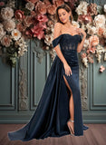 Coral Trumpet/Mermaid Off the Shoulder Sweep Train Satin Prom Dresses With Sequins Appliques Lace JLP0025835