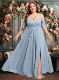 Yvonne A-line Cold Shoulder Floor-Length Chiffon Bridesmaid Dress With Ruffle JLP0025797