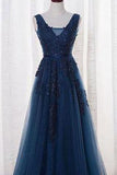 Elegant Tulle Appliques Beaded A-Line Sleeveless Backless Blue V-Neck Prom Dresses JS775