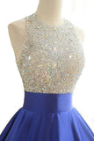 Open Back Scoop Beaded Bodice Prom Dresses A Line Satin