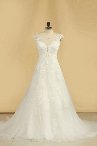 V Neck A Line Wedding Dresses Tulle With Applique Court Train