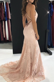 Elegant Straps V Neck Lace Mermaid Long Evening Dresses Prom SJSPS1EG38N