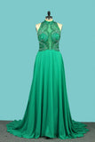 High Neck A Line Chiffon Beaded Prom Dresses Sweep Train