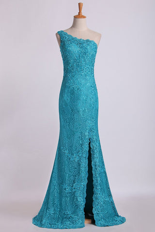 One-Shoulder Sheath Prom Dresses Beaded Lace Floor-Length Zipper Back