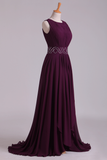 Prom Dresses A-Line Bateau Floor-Length Chiffon With Beads & Ruffles