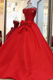 Red Prom Dresses A-Line Off-The-Shoulder Satin With Beading Lace Up Back