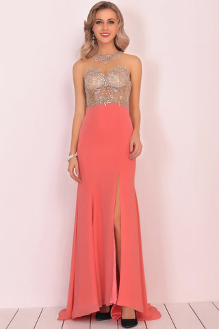 Mermaid Scoop Chiffon Prom Dresses With Beads And Slit