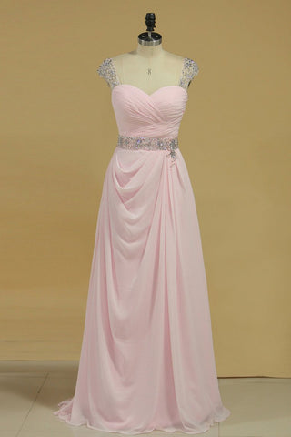 Chiffon Off The Shoulder A Line Prom Dresses With Ruffles And Beads