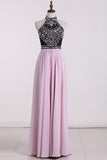 Chiffon High Neck Open Back Prom Dresses Beaded Bodice A Line