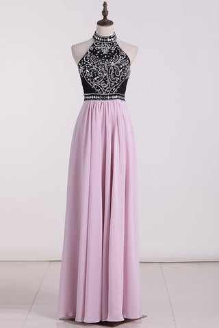 Chiffon High Neck Open Back Prom Dresses Beaded Bodice A Line