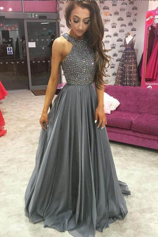 Beautiful Long Beading Open Back A-Line Gray Prom Dresses Party Dresses