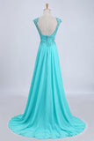 Two Pieces Prom Dresses Bateau Backless A Line Chiffon Sweep Train With Slit