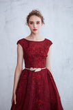 A-Line Bateau Lace Prom Dresses With Applique And Ruffles