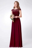 Elegant A Line Cap Sleeve Burgundy Lace Prom Dresses with Chiffon, Bridesmaid Dresses SJS15145