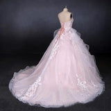 Ball Gown Strapless Sweetheart Wedding Dresses with Lace Applique, Tulle Prom Dresses SJS15070