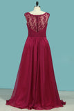 A Line Scoop Evening Dresses Chiffon With Applique Sweep Train