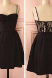 Spaghetti strap black simple lace cheap sexy homecoming prom dress BD0067