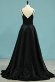 Evening Dresses A Line Spaghetti Straps Satin Sweep Train