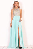 Prom Dresses Scoop Chiffon With Beads And Slit A Line Open Back