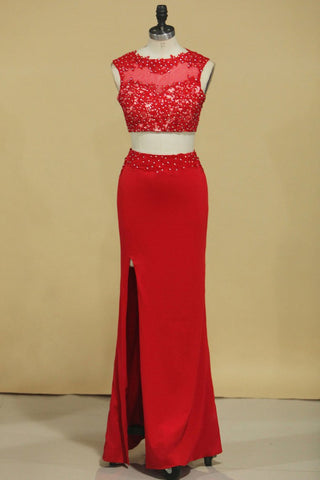 Red Two-Piece Scoop Sheath With Applique And Beads Spandex Prom Dresses