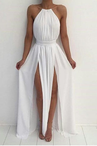 Sexy Slit Halter Prom Dresses A Line Chiffon With Sash/Ribbon