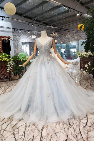 Wedding Dresses V Neck Lace Up Back Beads Prom Dress Tulle