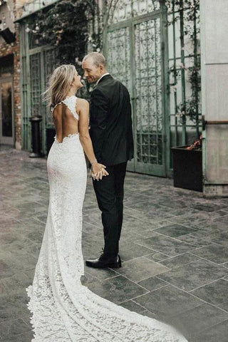 Charming Sheath Lace Bridal Gown with Slit Open Back Ivory Boho Wedding Dresses SJS15124